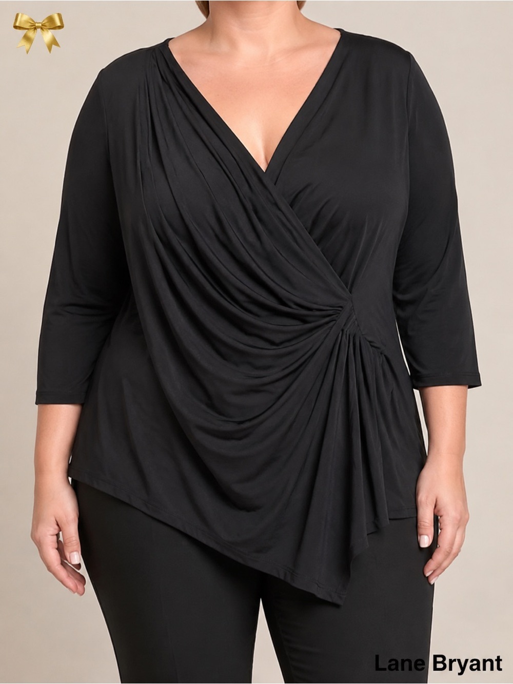 Lane Bryant Faux Wrap Blouse Black V-Neck Size 14/16 3/4 Sleeves